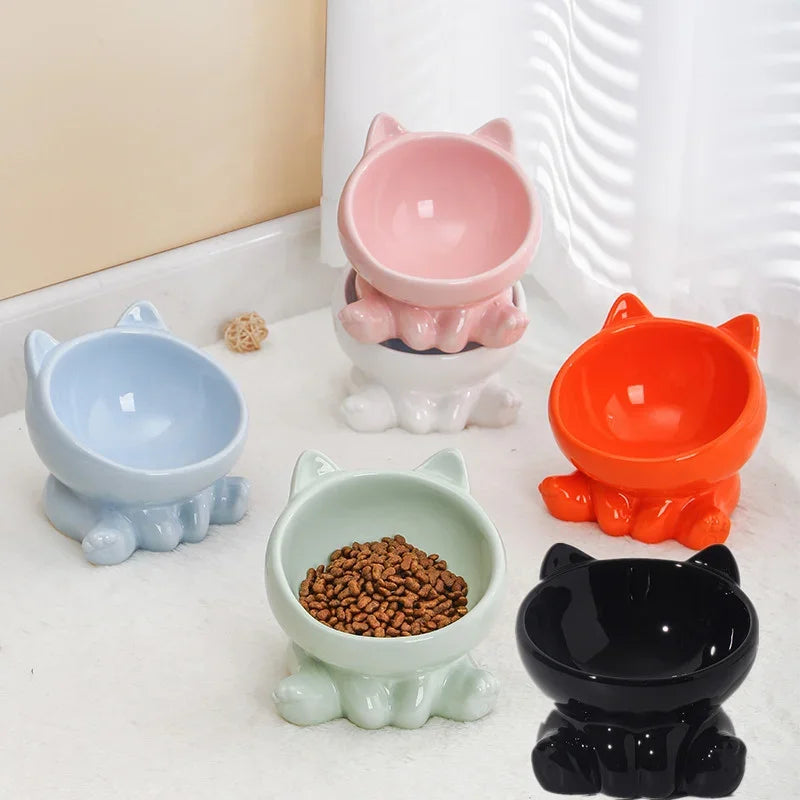 Diagonal High Feet Ceramic Cat Bowl: Cute Design for Protecting Cervical Spine!